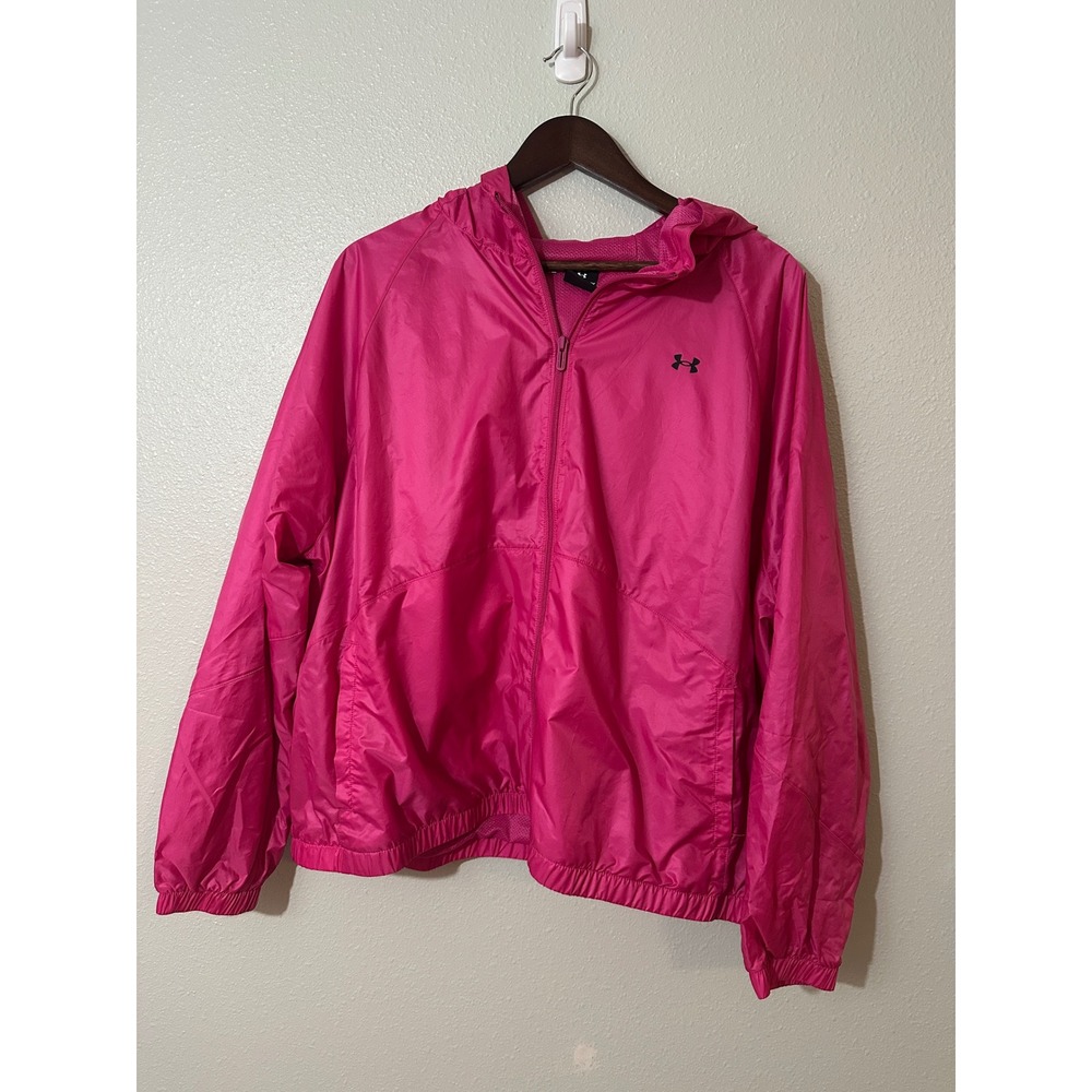 NWOT Under Armour Womens Pink Full Zip Windbreaker Hooded Jacket Mesh Lined 1X